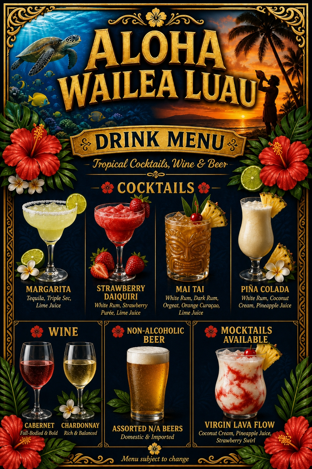 Aloha Wailea Luau Drink Menu — Tropical Cocktails, Wine, Beer & Mocktails